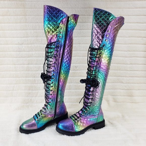Ocho Shoes - Travis Festive Quilted Metallic Rainbow Corset Lace Over the Knee Boots